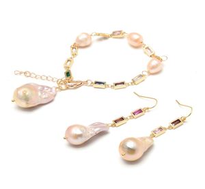 Guaiguai smycken naturlig odlad rosa keshi pärla blandad färg cz pave kedja dingle hook örhängen armband set klassiska för kvinnor4384000
