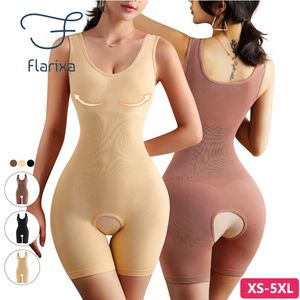 Flarixa Plus size Borch Body Body Shaper Body Womens Body Open Crotch Tummy Control Shapewear Sleeless Slimming Invenile 5xl 240430