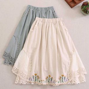 Skirts Spring new sweet lace patchwork linen leather womens embroidery elastic waist leather HT50551L2405