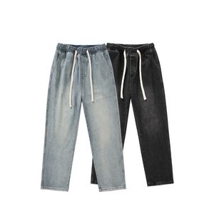 Mäns casual stil denim jeans 2024 sommar ny ankomst tvättad design mitt midja rak ben truserstwill lös elastisk midja avslappnade byxor dagliga outfit streetwear