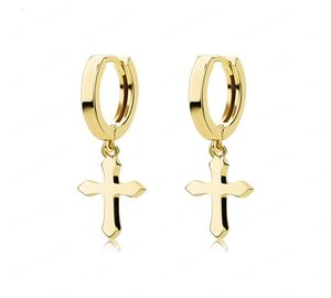 Rostfritt stål Cross Earring Classic Minimalist Gold Color Dingling Cross Hoop örhängen för män Kvinnor Juveler1508824