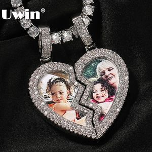 UWIN BROUKER HEART MEDALLION PICTURE PENDANT NECKLACESアイスアウトCZハーフマグネティックハートチャームファッションジュエリー愛好家240422