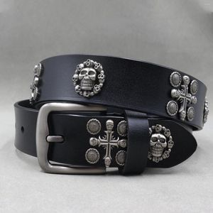 Belts Rock Style Pin Burcell Belt Pure Cowide Metal Skull Cross Cross Bivet Moda Male feminina