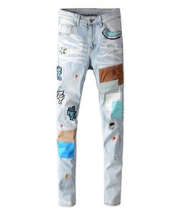GinzoUS Men039s Jeans Embroidered Patchwork Light Blue Streetwear Ripped Stretch Slim Denim Fashion Trend Style Make You Unique7741168