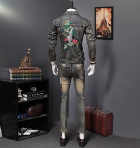 RETRO AZUL TRACHSUIT Spring Autumn Bordado Crane Men039s 2pcs Jeans Jeans Fashion Slim Fit Jacket and Stretch Ponts7911518