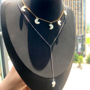 REAL 925 Sterling Silver Moon Shaped Charm Long Y Lariat Necklace 2024 Summer New Ankom Fashion Women Luxury Jewelry