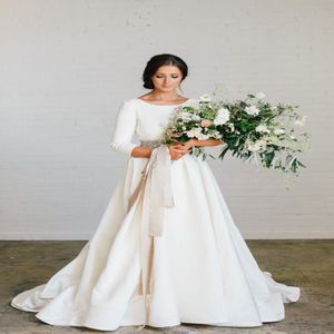 New Boho A-line Soft Satin Modest Wedding Dresses With 3 4 Sleeves Beaded Blet Low Back Country Bridal Gowns 2020 Custom Made Couture 299o