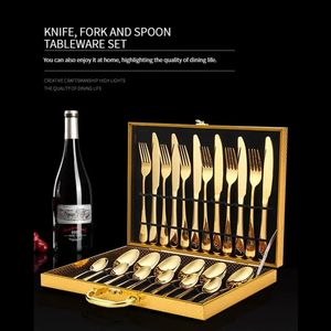 24 Piece Stainless Steel Western Tableware Household Knife Fork Spoon Tea Spoon 4 Piece Wooden Box Craft Gift Box Set 240429