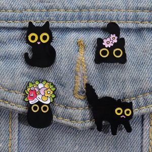 Black Cats Enamel Pins Custom Big Eyes Kitten Brooches Lapel Badges Floral Animal Cartoon Funny Jewelry Gift for Friends accessory