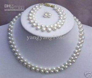 Neue feine echte Perle Schmuckset natürliche 78 mm natürliche weiße Rosa Kultivierte Akoya Perlenkette Armbänder Ohrring3710232