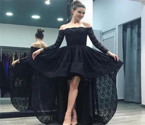 2019 Black Lace High Low Prom Dresses Off Shoulders Long Sleeves Evening Dress Backless Cheap Cocktail Homecoming Gowns Custom For5358015