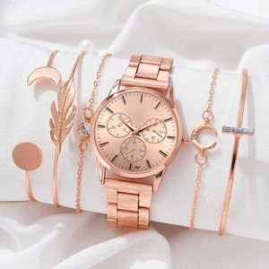 Zegarki damskie luksusowe kobiety różowe złoto moda kwarcowy nadgarstek elegancka bransoletka żeńska es specjalny zestaw 6pc