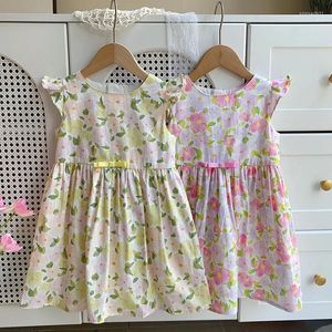 Girl Dresses Summer Girls Soft Ink Flowers Cotton Piccole maniche volanti Abiti sciolti