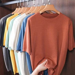 Men's T-Shirts Ultra fine Merino wool T-shirt for mens knitted O-neck short seven point breathable thin cashmere T solid color top H240508