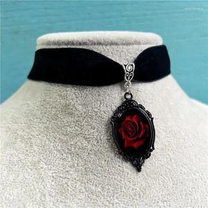 Choker Gothic Red Rose Cameo Pendant Necklace Black Velvet Adjustable Halloween Cosplay Jewelry Party Gift