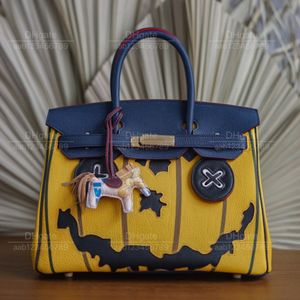 12A Mirror quality luxury Classic Designer Bag woman 's handbag bag all handmade genuine leather bag 30cm Large Capacity bags colour clashing Halloween pumpkin bag