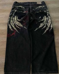 Dżinsy męskie Strtwear Y2K dżinsy Harajuku hip hop retro skrzydło Wzór haftowy workowate dżinsy spodnie Gothic High Talist Szerokie spodnie T240507