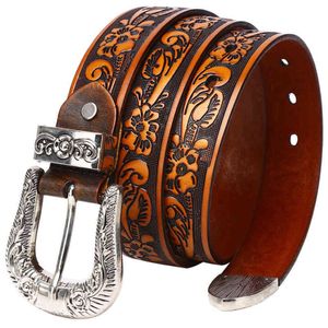 Mode Two Tone Luxury Cowboy Cowgirl Wtern Tooled Floral präglad spannmål äkta kohud läderbälte för män kvinnor 316s