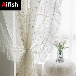 Cortinas florais bordadas transparentes brancas com elegantes cortinas de linho de bordas francesas e elegantes, cortinas respiráveis 240428