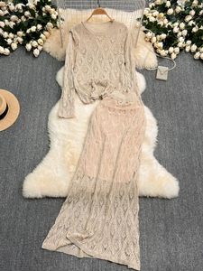 Work Dresses Korean Fashion Two Piece Sets Womens Outifits Kintted O-neck Long Sleeve Tops A-line High Waist Crochet Skirt Set Dropship