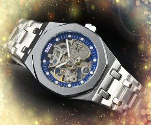 Mens Hollow Skeleton Dial Watches Stopwatch Mechanical Luxury Automatic Movement Clock Solid Fine Rostfritt stål President Wholesale Man Gifts Wristwatch