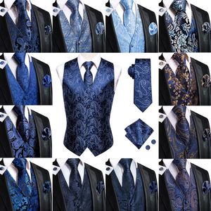 Hitie Navy Blue Mens Vest Formal Silk Paisley Waistcoat Jacket Tie Handkulchief Manschettknappar Set för manlig klänningsdräkt Wedding Party 240507