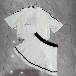 Tops Dresses 2024 Summer New Casual Lazy Contrast Polo Neck Short Sleeves with Pleated Skirt Girl Style Set