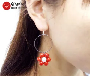 Dangle Earrings Qingmos Fashion Natural White Pearl For Women With Red Coral Beads 28mm Metal Round 2.5'' Earring Jewelry E604