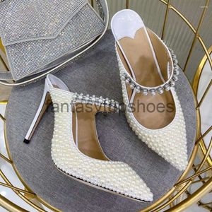 JC Jimmynessity Choo Quality Dress Shoes Party High Pearl Pointed Thin Heel Women's Luxury Crystal Chain 21bf