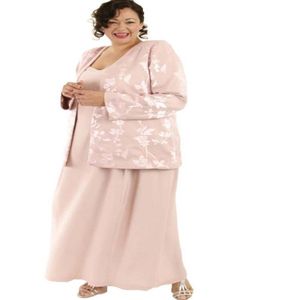 ピンクプラスサイズジャケットレース付き花嫁のドレスのマザーサテンシフォンアップリケ2ピースエレガントなイブニングドレスプロムドレスpar8840902