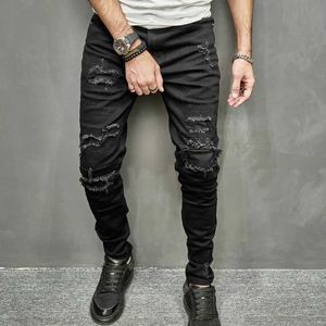 Men's Jeans Men Holes Patch Skinny Stretch Pencil Jeans Pants High strt Stylish HipHop Male Ripped Slim Denim Trousers Y240507