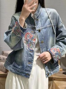 Embroidery Denim Jacket Women Chinese Vintage Coat Female High Street Casual Loose Cropped Outwear Stand Collar 240423