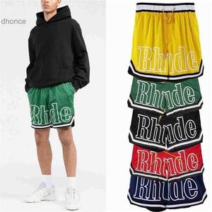 Men's and Women's Trends Designer Fashion Tide Brand Rhude High Street Bicolor Splice Stripe Elastic Sports Mesh Basketball Shorts for Men Women