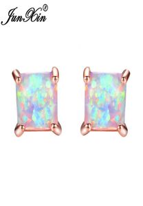 junxin greenbluewhite fire opal stud earrings for women rose gold fill square earrings princess cut brirtstone earringギフト6306734