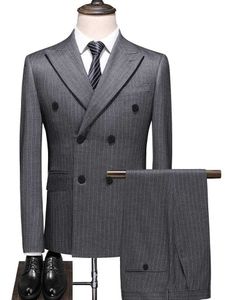 Men's Suits Blazers S-7XL Autumn Style Set Double Chest Ultra Thin Mens Stripe Business Professional Casual Formal 2-piece Groom Wedding Q240507