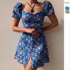 Casual Dresses Designer Dress new women's dress summer fashion bubble sleeve floral V-neck front button decorative skirt women's dress summer Plus size Dresses