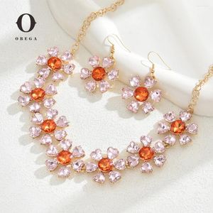 Necklace Earrings Set Obega 2 PCS Elegant Flower Shape Pendant Choker Hook Shiny Orange Crystal Stone Exquisite Gold Color Chain