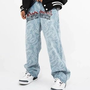 American Fashion Trend list haftowane dżinsy mężczyźni Y2K Street Hip Hop Retro proste szerokie nogi spodnie unisex swobodne luźne spodnie 240428