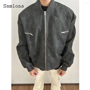 メンズジャケットSamlona 2024 Faux Pu Leather Autumn Tops Outerwear Men Fashion Zip Up Coats KPOP Motobikerジャケットオーバーコート