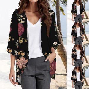 Kvinnors blusar Floral tryckt tre kvart ärm Loose Blause Fashion Cardigan Shirt Top Woman Dress