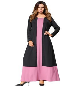 Farbblock Patchwork Maxi Langes Kleid Muslim Kaftan Frauen Maxi Kleider schwarz rosa runde Hals Langarm Roben Herumbstern8990471