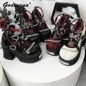 Одевать туфли 2024 Spring Punk Sweet Cool's Guld gul Head Litse Platform Girls Y2K заклепки кружевные каблуки женские насосы