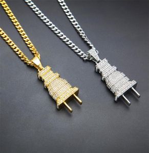 Mens Iced Out Bling Bling Plug Pendant Necklace Gold Silver Color Charm Micro Pave Full Rhinestone HipHop Jewelry 200928 4 Q22537799