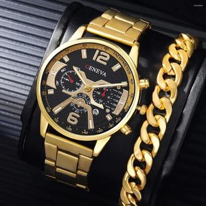 Armbanduhren 2pcs/Set Herren High-End-Kalender-Businessuhren und 1 Kettenarmband Ideal für Geschenkversuche