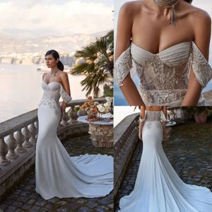 Elegant sjöjungfru bröllopsklänningar älskling från axelpärlor ärmlös rygglös sveptåg skräddarsydd plus storlek sexig brudklänning vestidos de novia