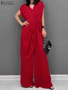 Tute da donna Rompers Zanzea Donne eleganti salti in lunghezza pantaloni a gamba larga a largo 2023 estate a v Neck Shor Shor Shor Shor SheatSuit Welit Welit Massurns D240507