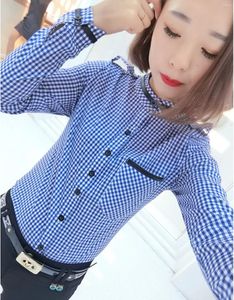 Kvinnor BLOUSES SPRING STUDUEKTER Lång ärm Stand Collar Black Plaid Shirts Women Office Work Wear Lady Ol Tops