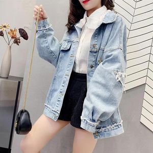 Women's Jackets Fall Denim Wash FrayedCoat Women Long Slleve Jean Jacket 2024 BF Style Casual Loose Soild Oversize Outerwear