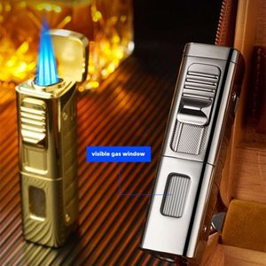 New Visible Gas Unfilled Window Cigar Lighter Triple Blue Flame Gas Unfilled Lighter With Cigar Punch Wholesale