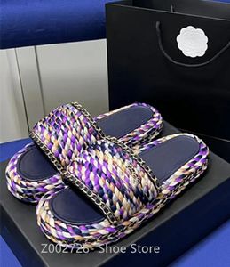 High quality men and women sandals luxurious designer shoes brand slippers metal chain hemp rope woven beach shoes medium heel thick sole shoes channel designer shoe